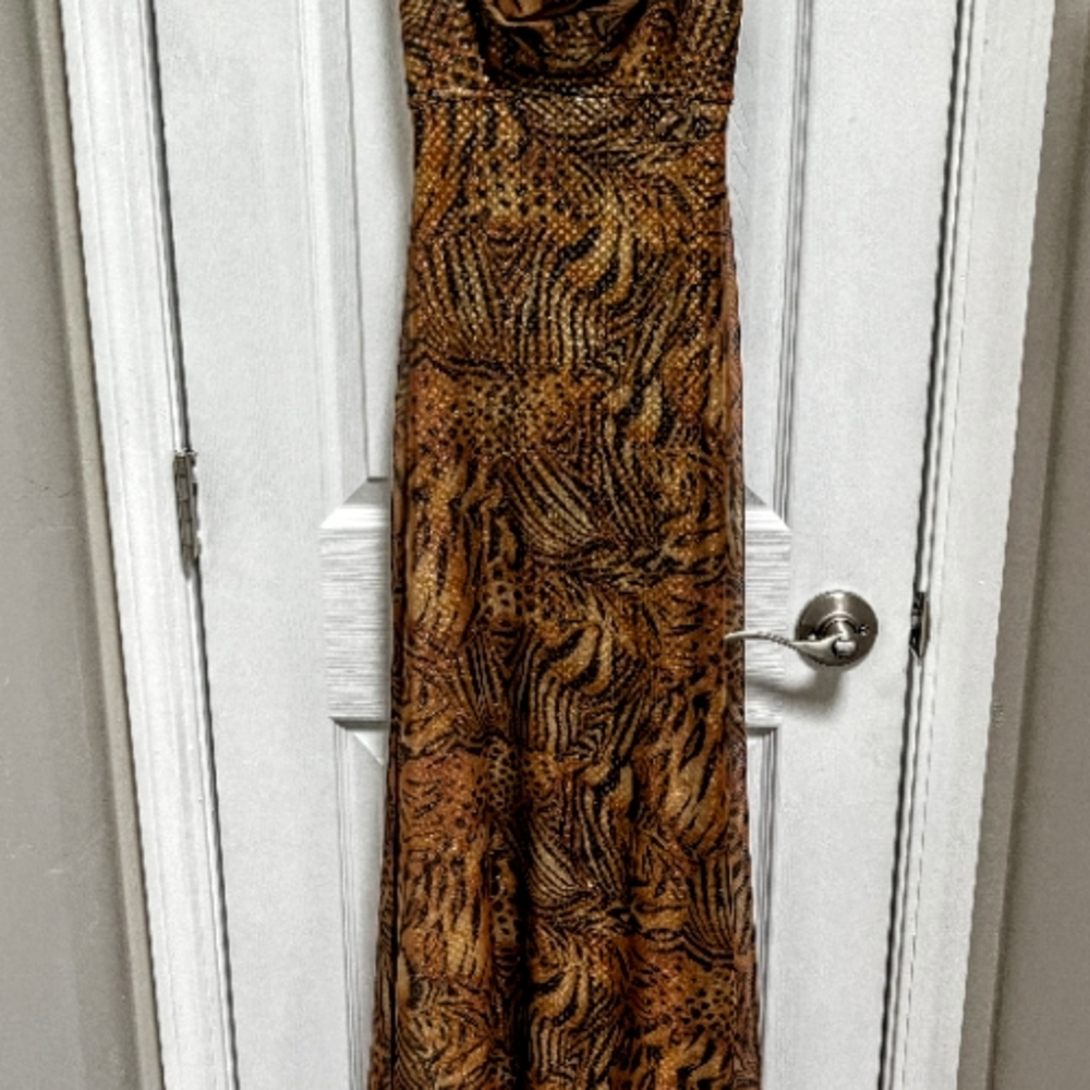 Tadashi Shoji Brown and Gold Cowl Neck Strapless Gown. 12" waist, 38" B, 60" L